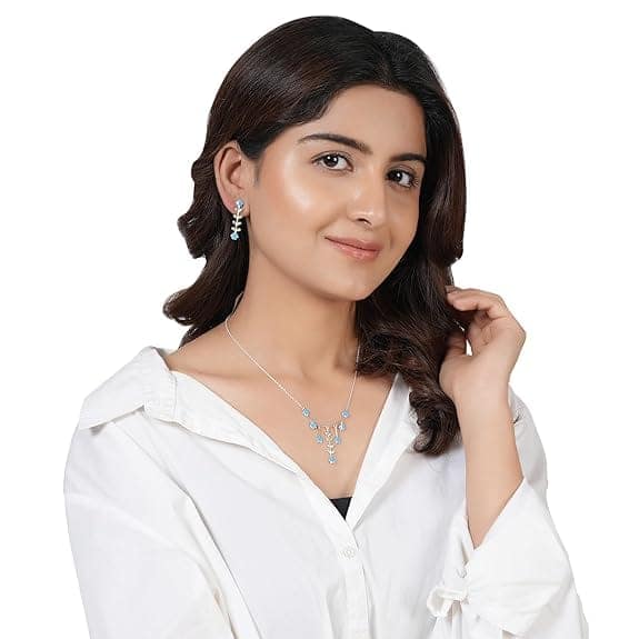 Vijayshree Sovani Designs 92.5 Sterling Silver Turquoise Bloom Necklace Earrings Set | 925 Silver Neckpiece for Women & Girls | Special Unique Gifts for Her view 5