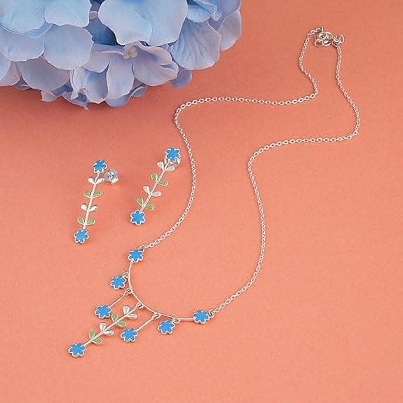 Vijayshree Sovani Designs 92.5 Sterling Silver Turquoise Bloom Necklace Earrings Set | 925 Silver Neckpiece for Women & Girls | Special Unique Gifts for Her view 7