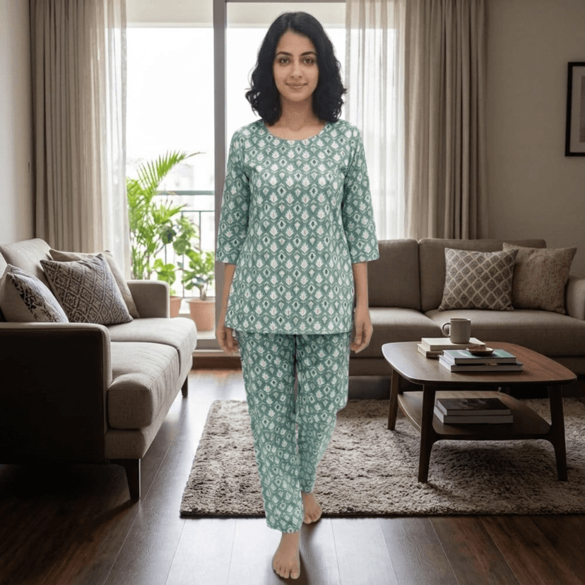 Mom and Me Women's Cotton Printed Co-ord Set, 3/4 Sleeve Kurta with Pyjama, Round Neck Nightwear, Available in Grey, Yellow, Green, Pink (Pista, XXL) view 3