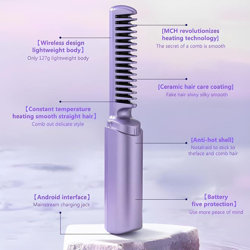 Wireless Hair Straightening Brush Rechargeable | Cordless Hair Straightener Comb with Negative Ion & PTC Heating | Portable Styling Brush for Women (Original Quality) view 2
