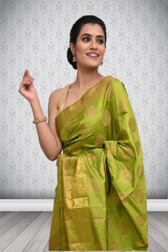 Lime Green Semi Silk Saree With Modish Design view 3