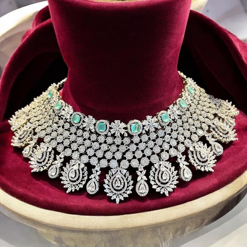 Stunning American Diamond and Emerald Choker Necklace Set in Silver view 2