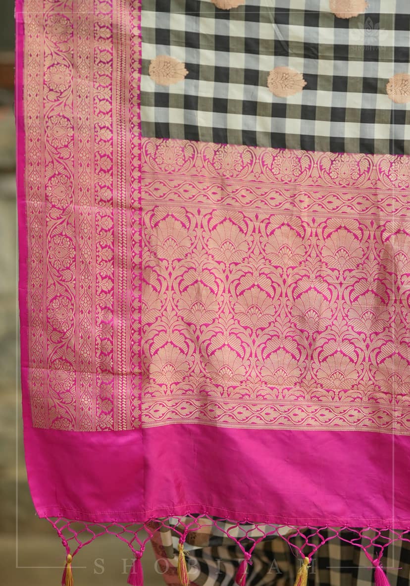 Pure Katan Silk Banarasi Saree in Black and White Checks with Contrasting Pink Borders | SILK MARK CERTIFIED view 7