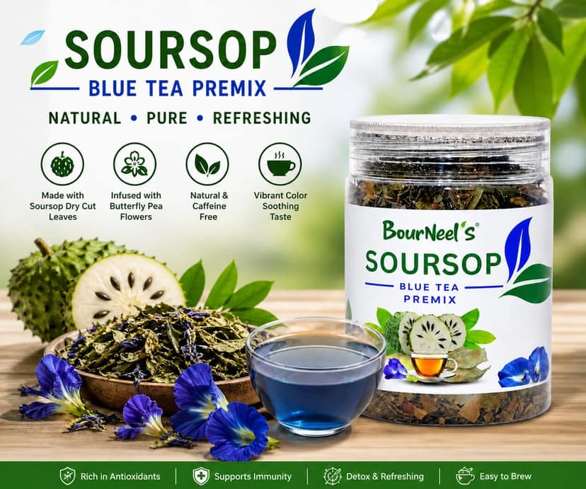 BourNeel's® Soursop Blue Tea Premix 50gm | No Preservatives | Graviola Laxman Phal Leaves | Dry Butterfly Pea Flowers | Soursop Kadha Tea | view 4