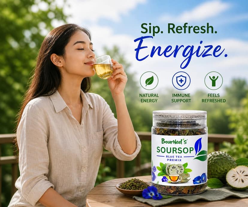 BourNeel's® Soursop Blue Tea Premix 50gm | No Preservatives | Graviola Laxman Phal Leaves | Dry Butterfly Pea Flowers | Soursop Kadha Tea | view 6