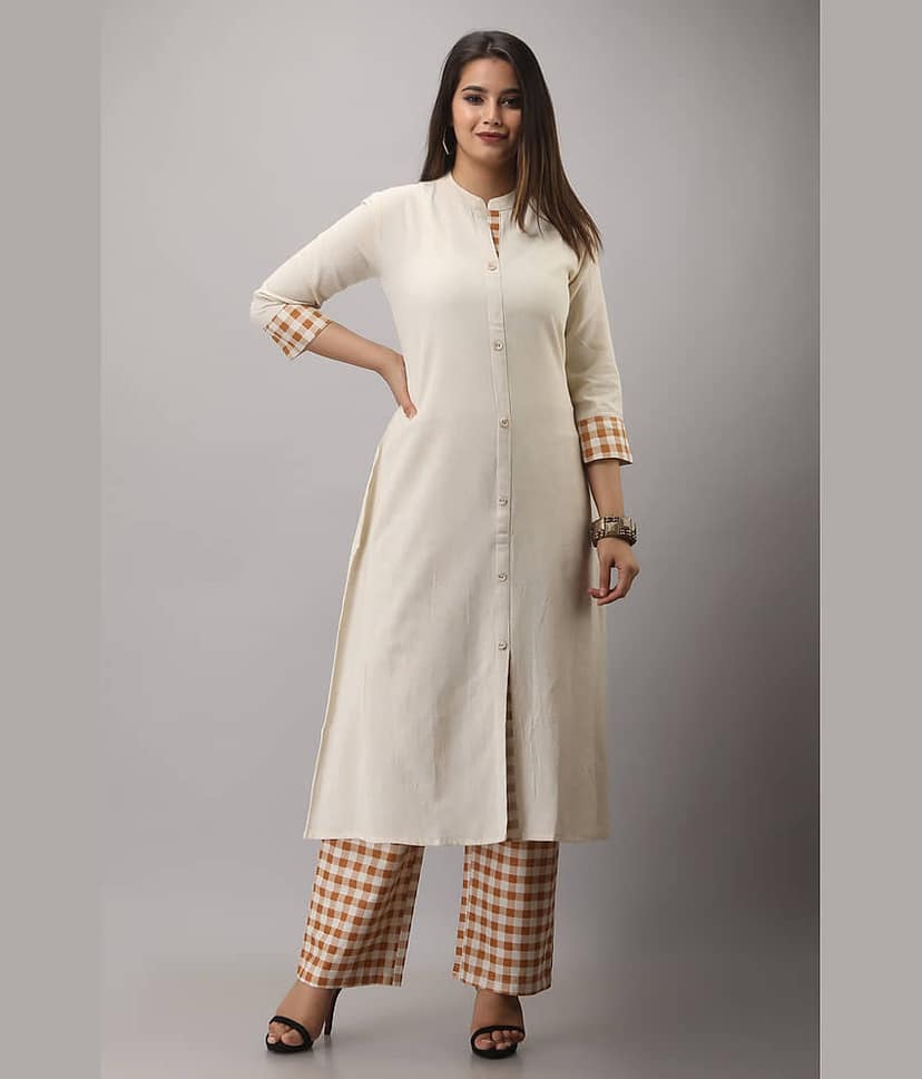MAUKA Cotton Checks Kurti With Palazzo Women's Stitched Salwar Suit - White ( Pack of 1 )