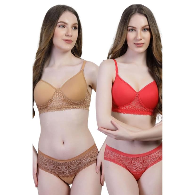 Pack of 2 Cotton Lace Bra Panty Set | Women�s Padded Lingerie Innerwear