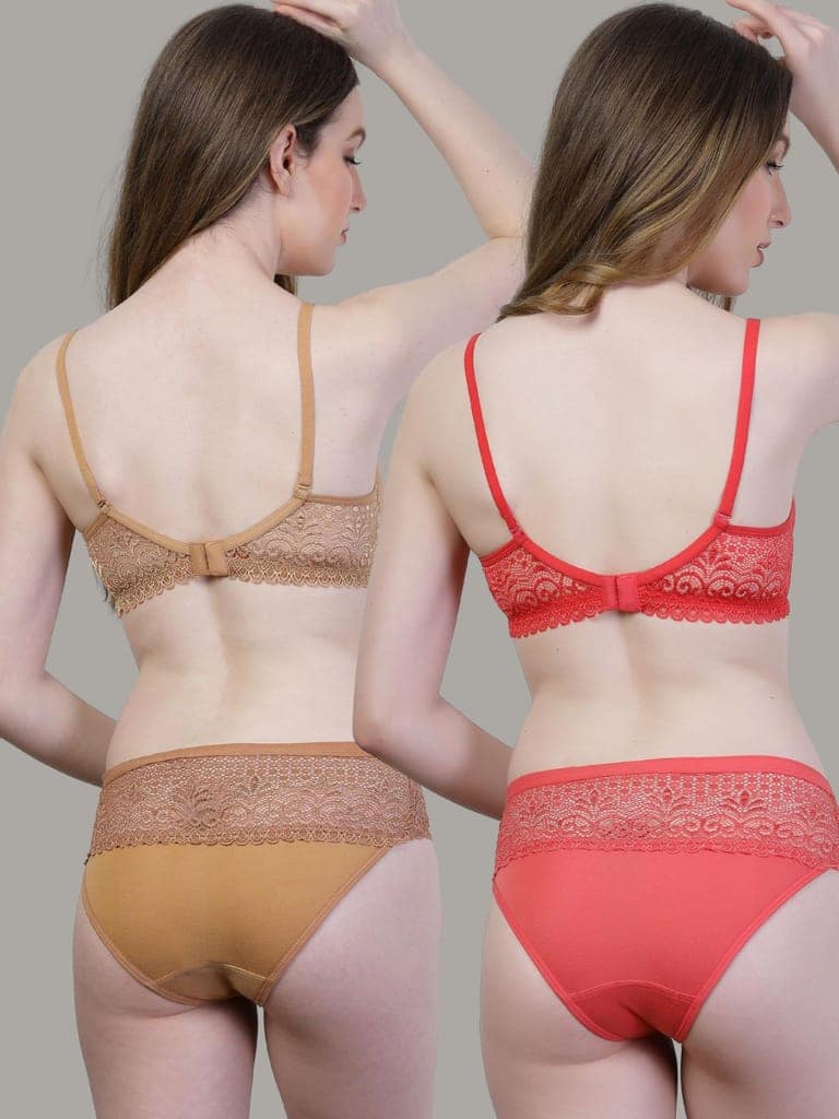 Pack of 2 Cotton Lace Bra Panty Set | Women�s Padded Lingerie Innerwear view 3