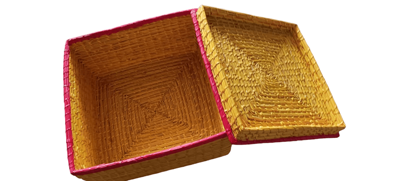 Handcrafted Woven Decorative Container - Colorful Artisanal Vase with Vibrant Pink, Yellow, and Green Shades, Unique Star or Sunburst Shape, Ideal Gift for Home Decor Enthusiasts and Interior Designers view 2
