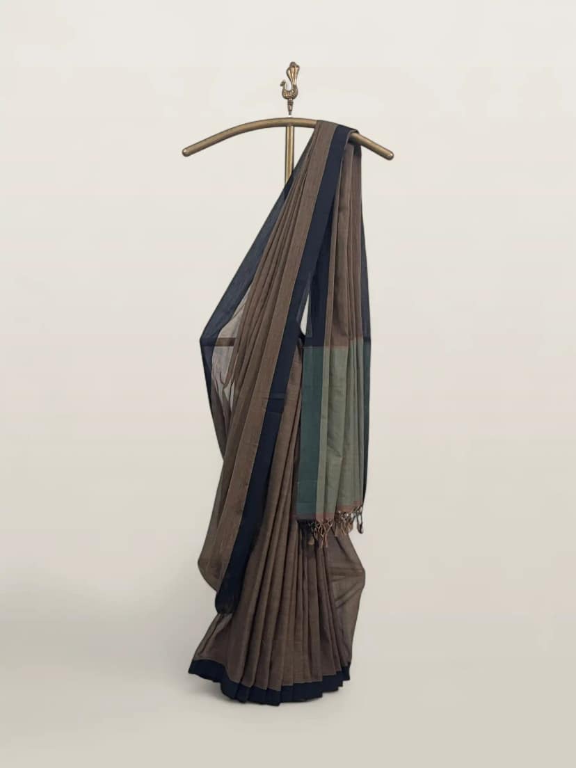 Handwoven Ilkal Cotton Saree in Taupe Brown with Sage Green Pallu view 2