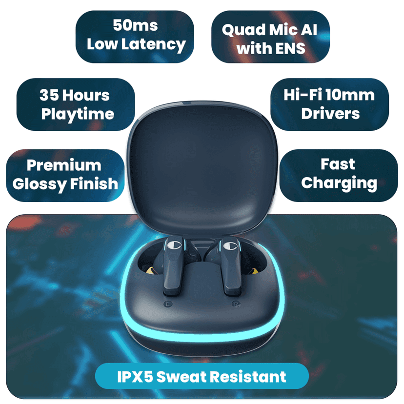 Cellecor BroPods C103 PLAY Quad Mic TWS |35H Playtime, ENC, 5.3v, 50ms Low Latency Gaming Bluetooth-Blue view 2