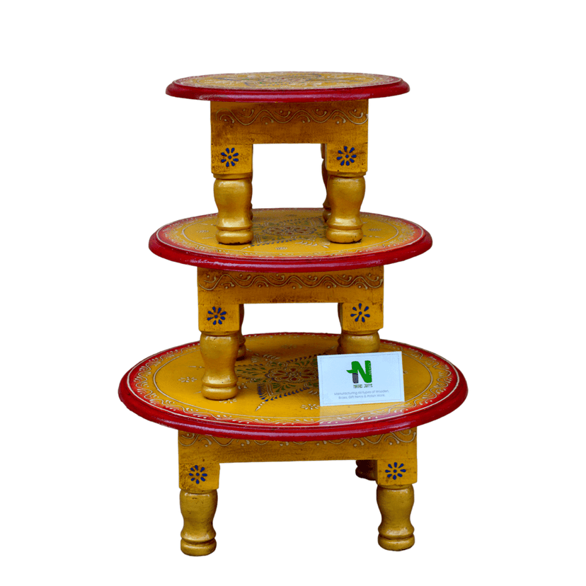 Pooja chowki / round shape / hand painted / set of 3 stool / bajot / round bajot / ( set of 3 pcs) view 2