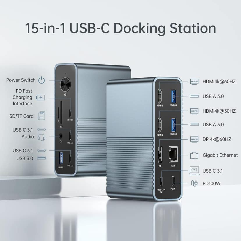ACASIS USB C 15-in-1 Docking Station Triple Display Monitor, 100W PD, Dual 4KHDMI, DP 4K60Hz, 2*USB 3.1, 3*USB 3.0, LAN, SD/TF, Audio, for Mac/Windows view 2