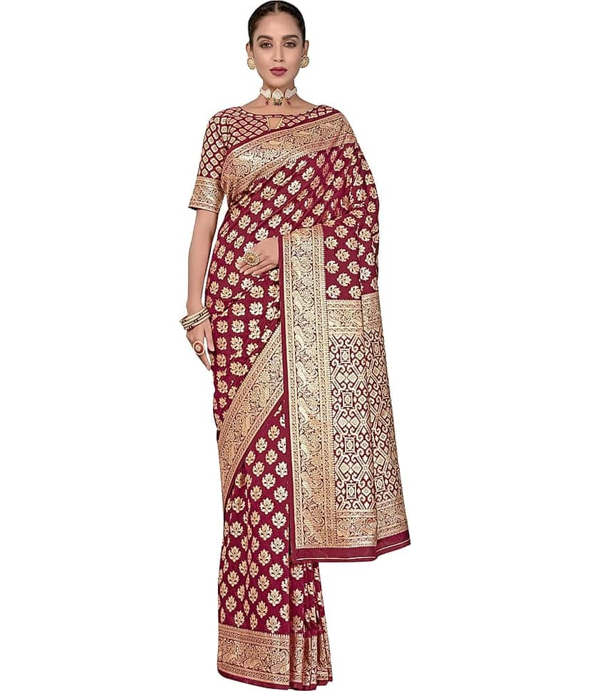 Sariya Jacquard Woven Saree With Unstitched Blouse Piece ( Maroon ) view 2