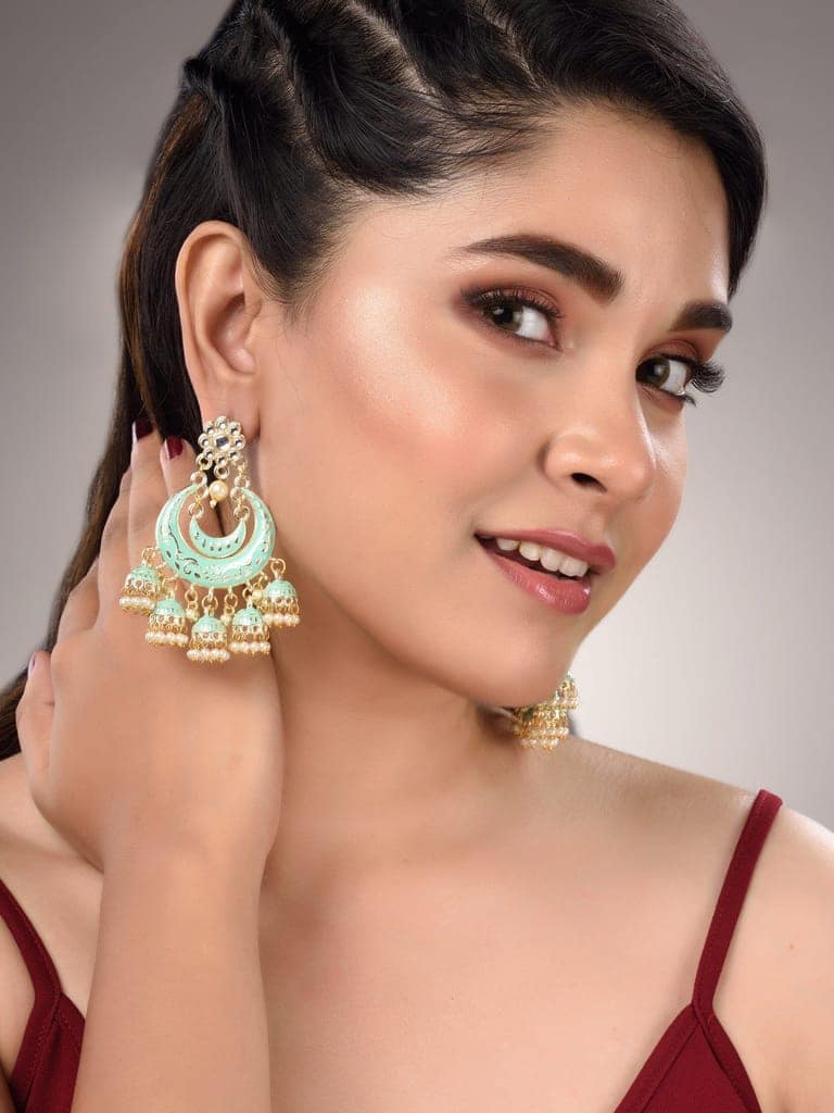 Gold Plated Mint Contemporary Chandbali Drop Earrings view 2