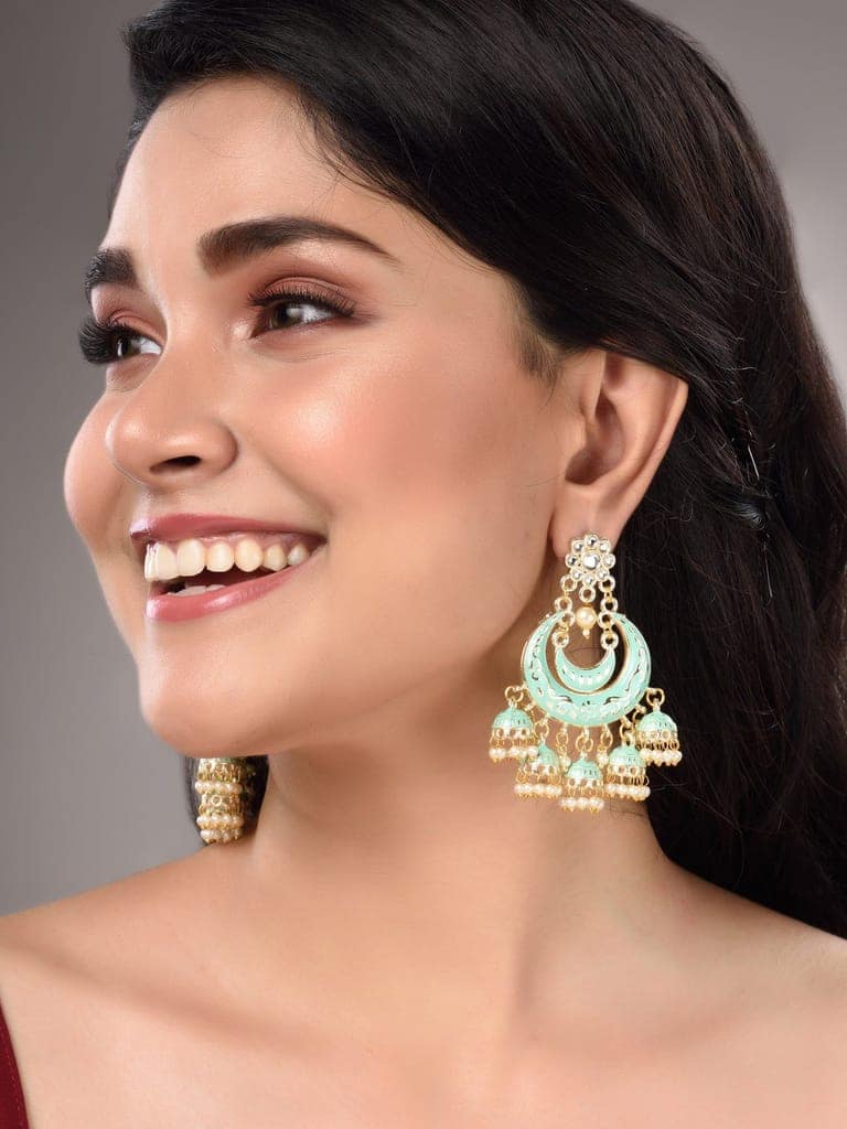 Gold Plated Mint Contemporary Chandbali Drop Earrings view 3