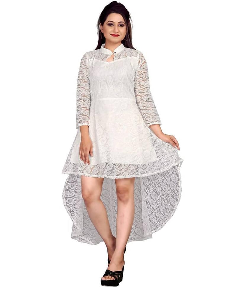 Hemang Fashion Women Net Self Design Asymmetric Dress ( White )