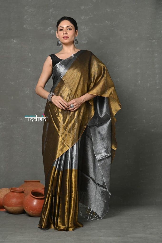 Tyohaar ~ Fusion Cotton Tissue Shimmer Saree - Silver and Gold view 2