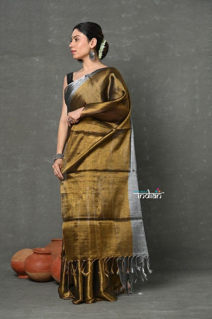 Tyohaar ~ Fusion Cotton Tissue Shimmer Saree - Silver and Gold view 3