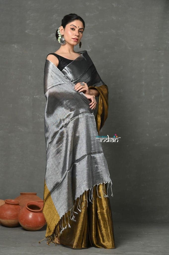 Tyohaar ~ Fusion Cotton Tissue Shimmer Saree - Silver and Gold view 4