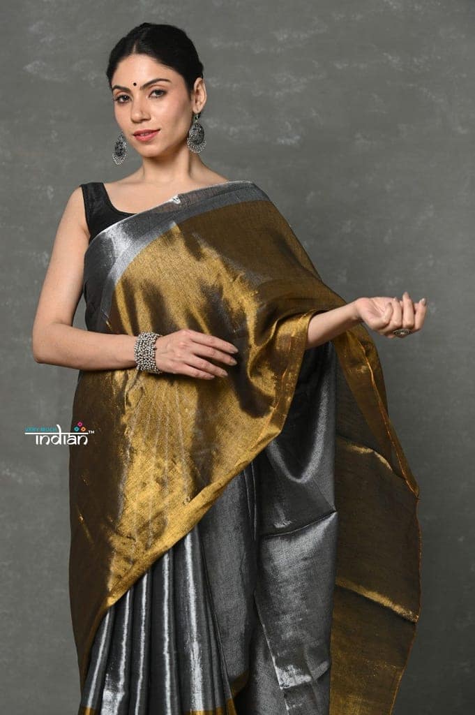 Tyohaar ~ Fusion Cotton Tissue Shimmer Saree - Silver and Gold view 5