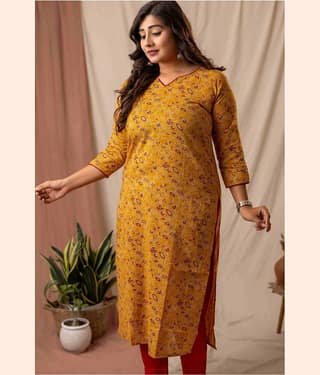 AMTHI Women Cotton Self Design A-line Kurti ( Yellow )