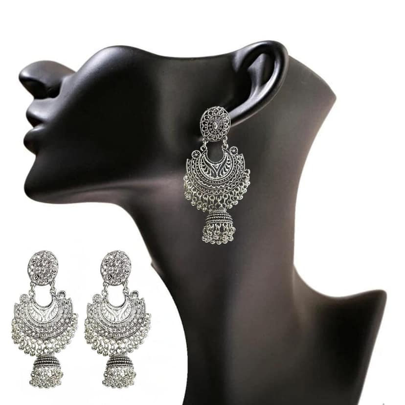 Jewelryklub Oxidised Silver Jhumka Earrings For Girls And Women Round Design Half Moon Design view 4