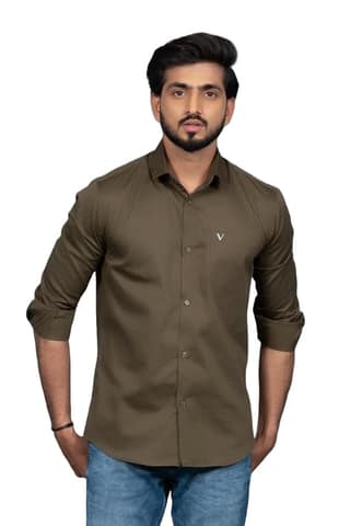 Vooz Premium Cotton Long Sleeve Shirt for Men, Military Green, Cut Away Collar, Made in India