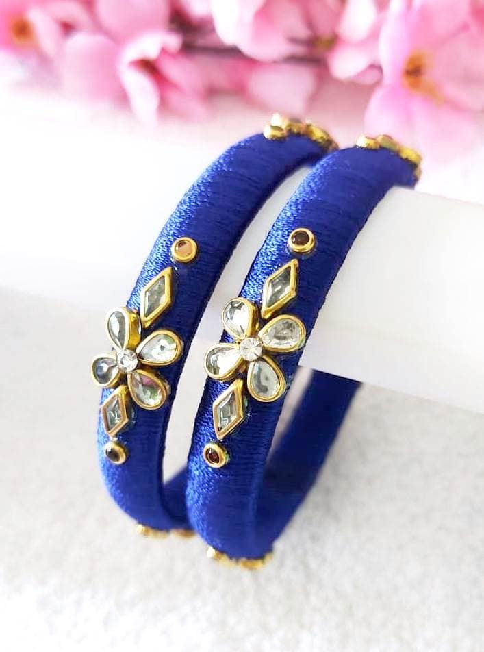 Blue Silk Thread Bangle Set with Kundan Stones view 3