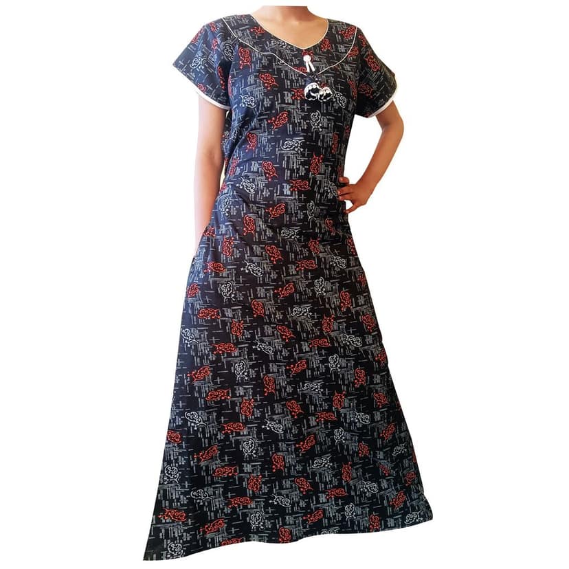 Women's Cotton Maxi Nightgown - Black with Red Floral Print