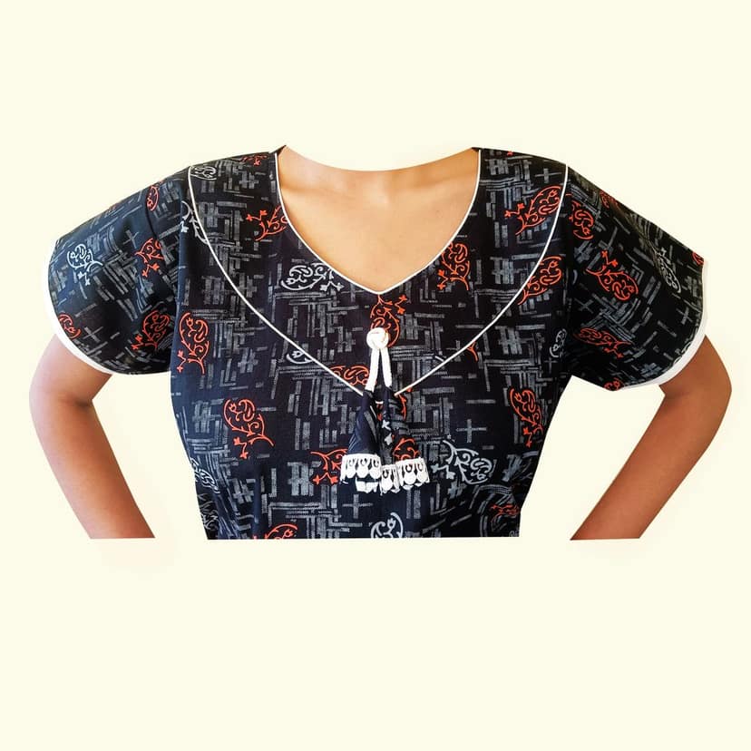 Women's Cotton Maxi Nightgown - Black with Red Floral Print view 2