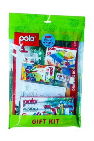 polo Junior Art Kit - Complete Drawing & Coloring Set with Oil Pastels, Wax Crayons, Plastic Crayons, Sharpener, Eraser, Ruler & Drawing Sheets for Kids