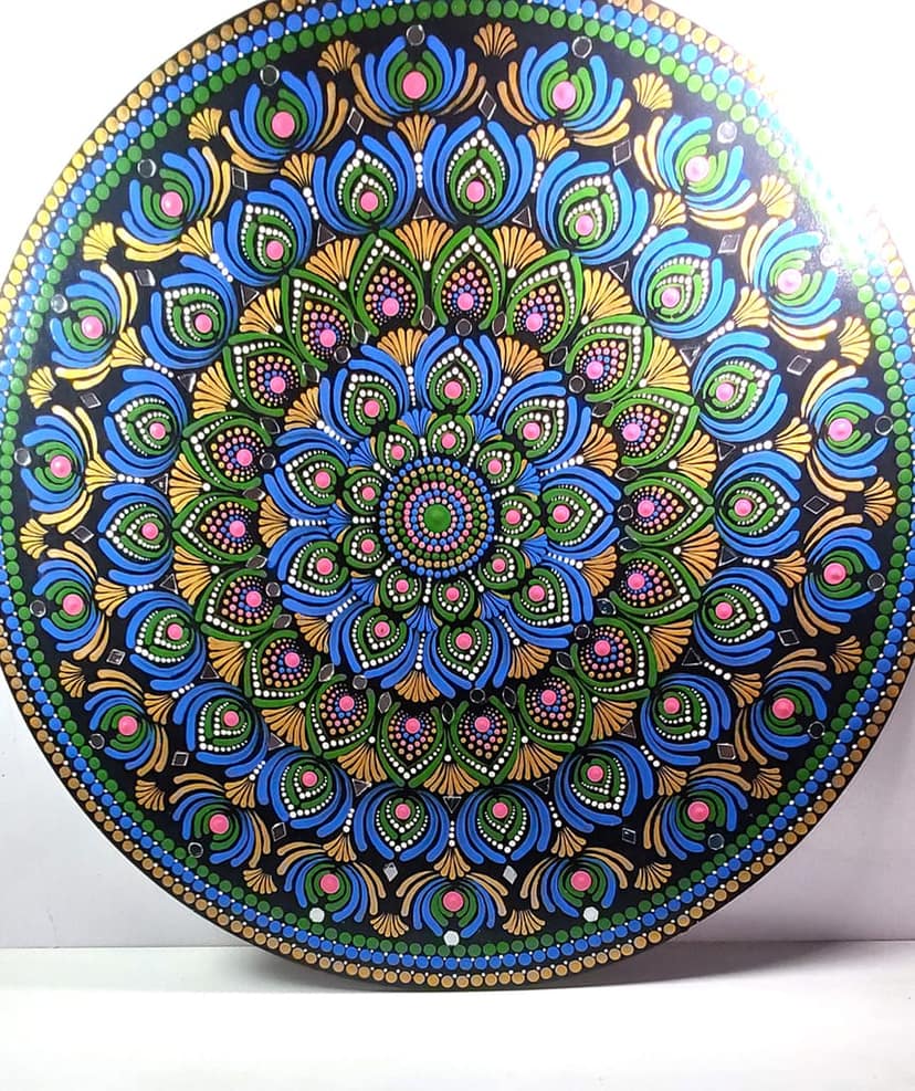 Peacock Feather Dot Mandala Art on Round MDF Board - Blue, Green & Gold view 2