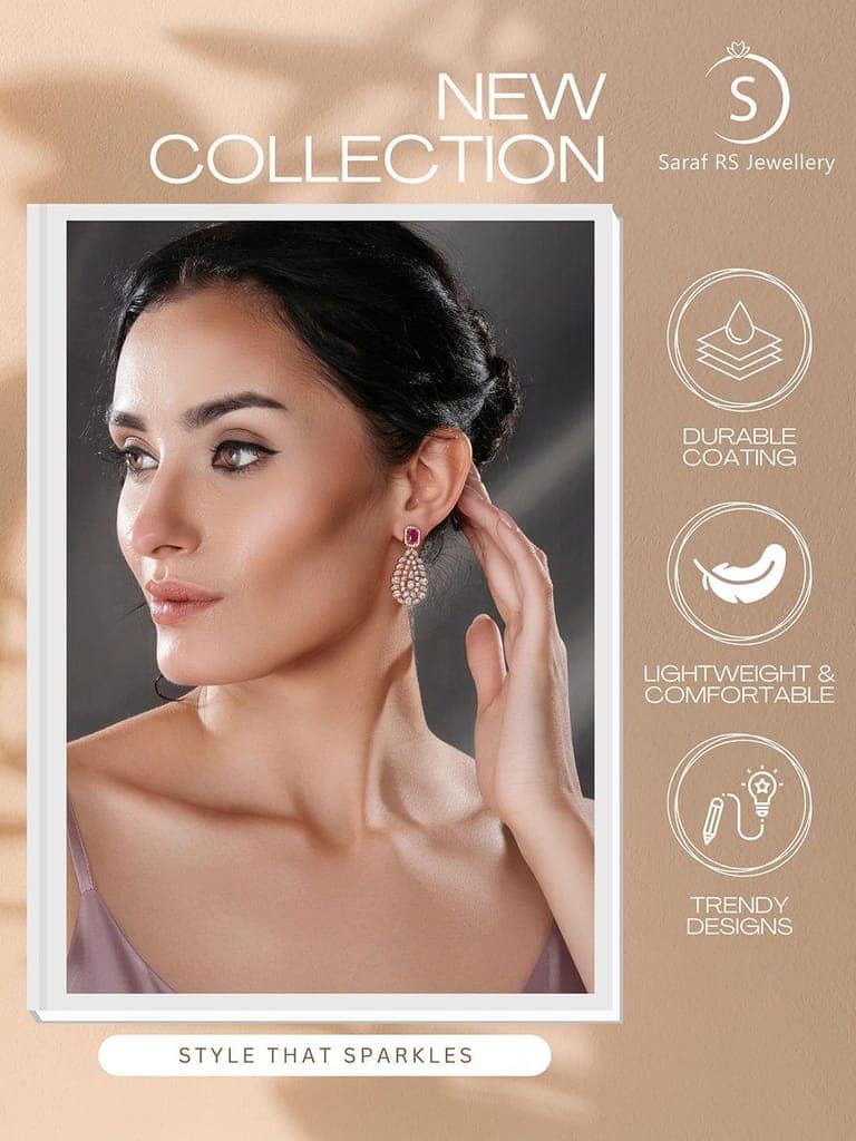 Rose Gold Plated Ruby Red AD Studded Luxe Drop Earrings view 8