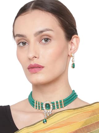 Cardinal Green Color Onyx Green Color Multistring Gold Plated Brass Choker Necklace Set