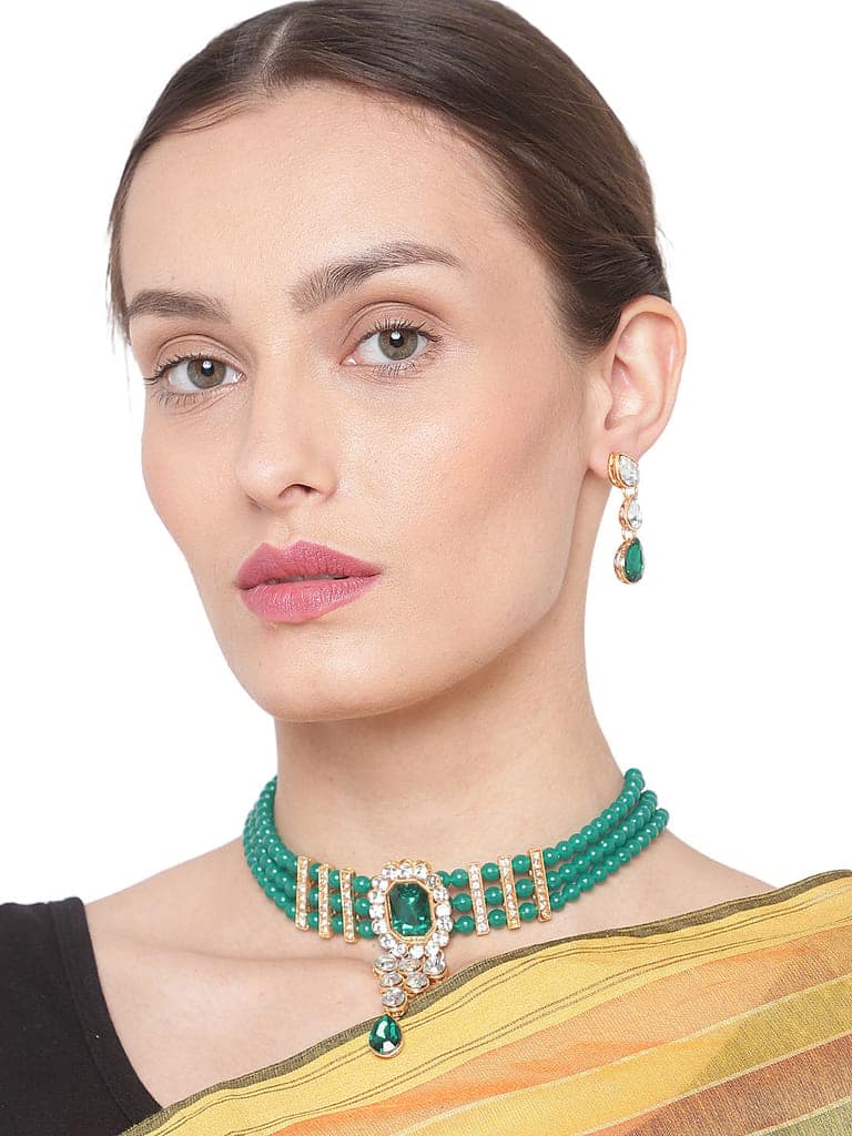 Cardinal Green Color Onyx Green Color Multistring Gold Plated Brass Choker Necklace Set