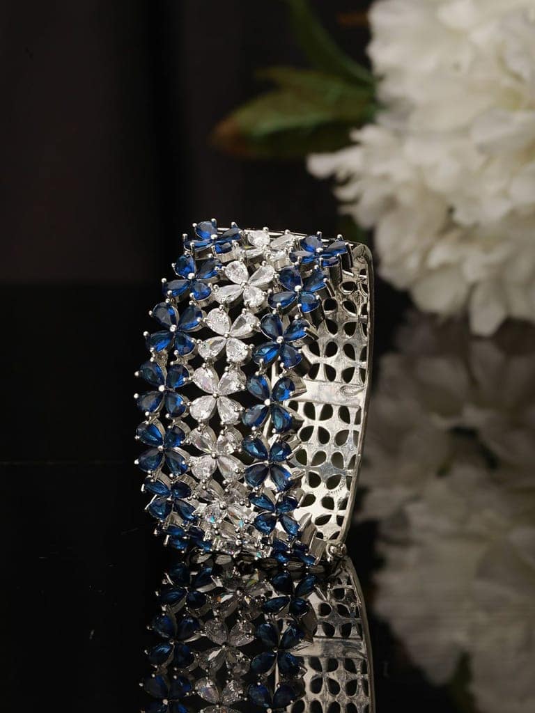 Silver Toned Blue Sapphire AD Studded Designer Bridal Kada Bracelet view 2