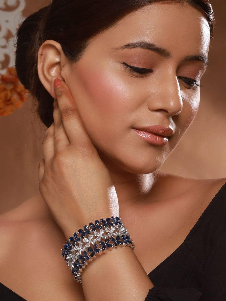 Silver Toned Blue Sapphire AD Studded Designer Bridal Kada Bracelet view 3