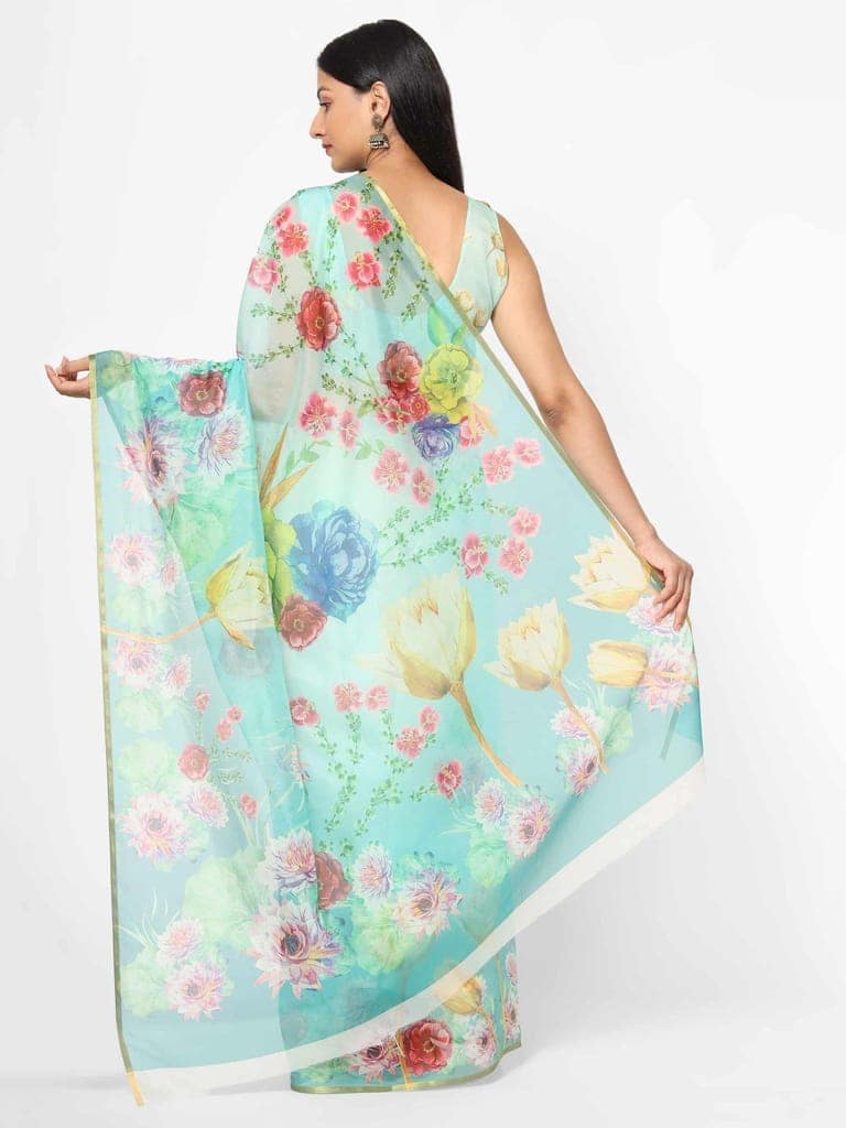 Women's Organza Floral Print Blue Saree view 2