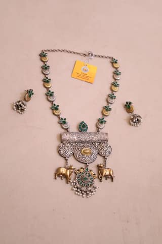 Antique Style Necklace with Green Stones, Silver-Gold Dual Tone, Elephant Charms and Pearl Clusters