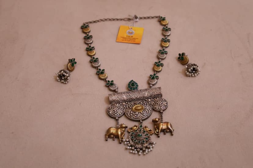 Antique Style Necklace with Green Stones, Silver-Gold Dual Tone, Elephant Charms and Pearl Clusters view 2