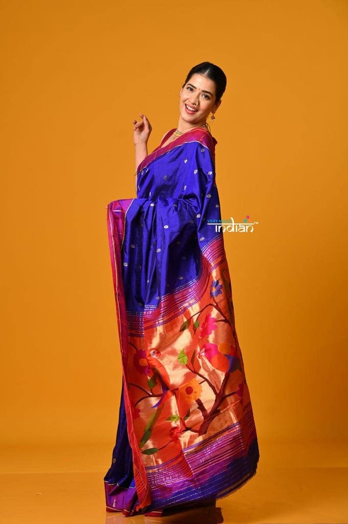 Param Sundari EXCLUSIVE~ Handloom Pure Silk Muniya Border Paithani in Royal Blue with Parrot Pallu view 2