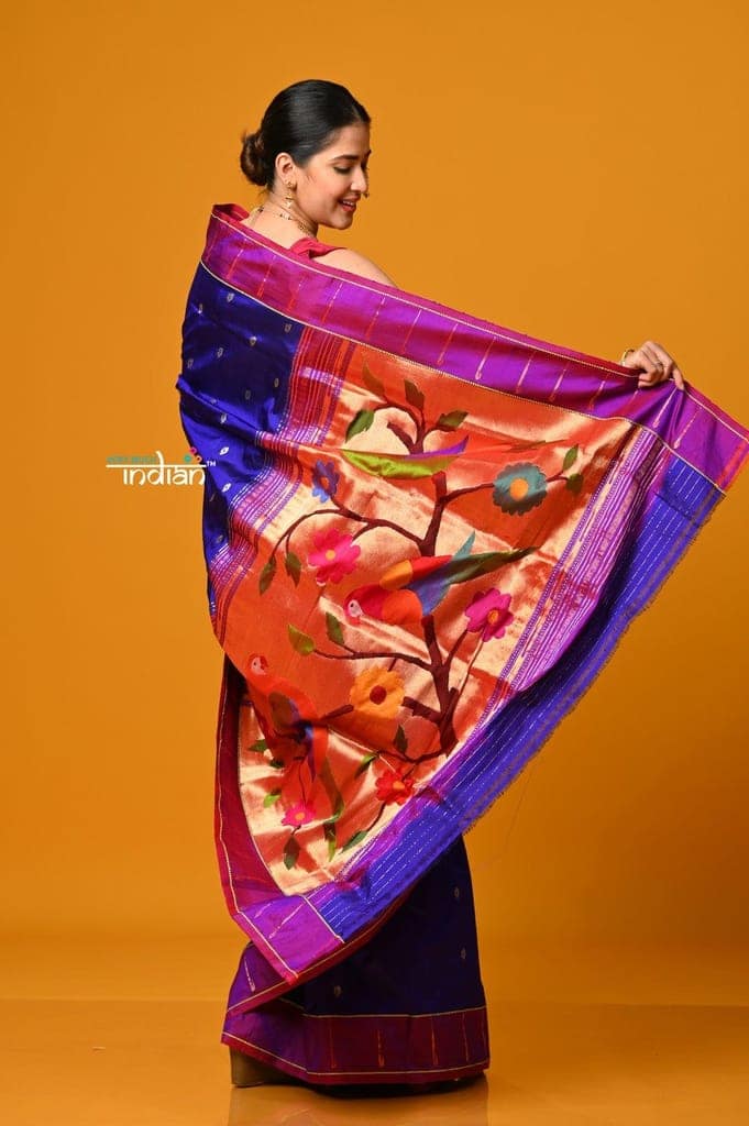 Param Sundari EXCLUSIVE~ Handloom Pure Silk Muniya Border Paithani in Royal Blue with Parrot Pallu view 3