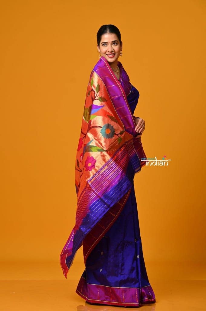 Param Sundari EXCLUSIVE~ Handloom Pure Silk Muniya Border Paithani in Royal Blue with Parrot Pallu view 4