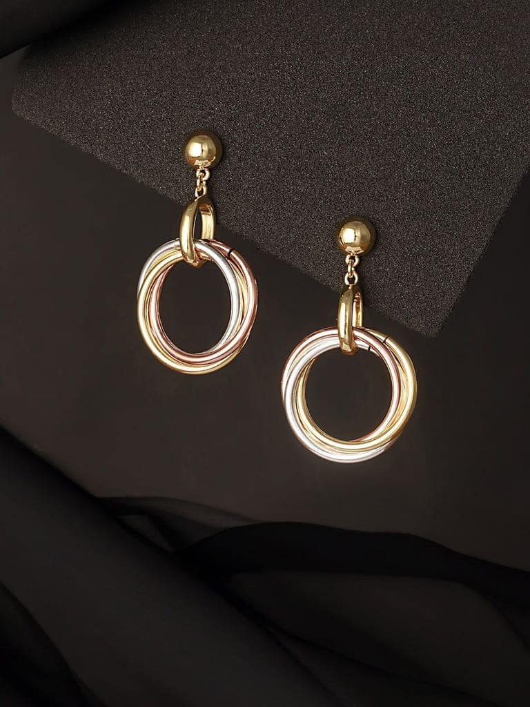 Anti-Tarnish 3 Toned Gold Plated Twisted Round Double Circle Chunky Drop Hoop Earrings view 10