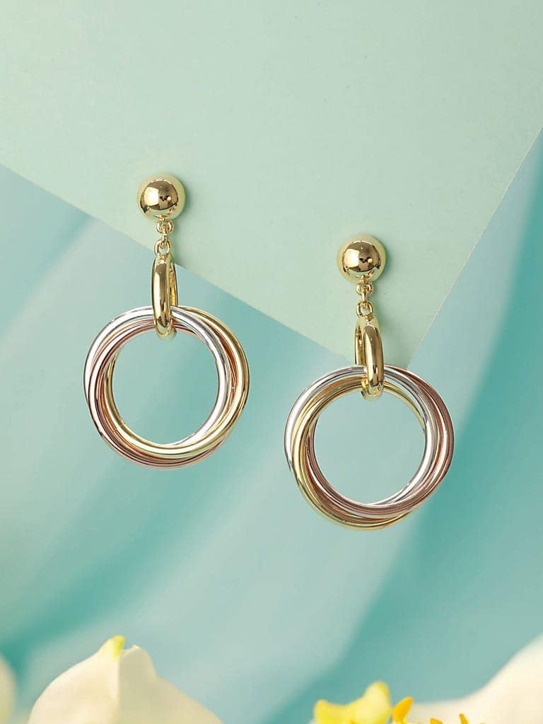 Anti-Tarnish 3 Toned Gold Plated Twisted Round Double Circle Chunky Drop Hoop Earrings view 2