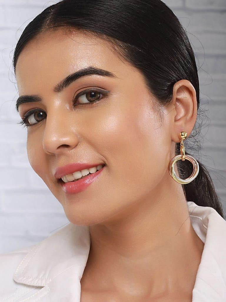 Anti-Tarnish 3 Toned Gold Plated Twisted Round Double Circle Chunky Drop Hoop Earrings view 3