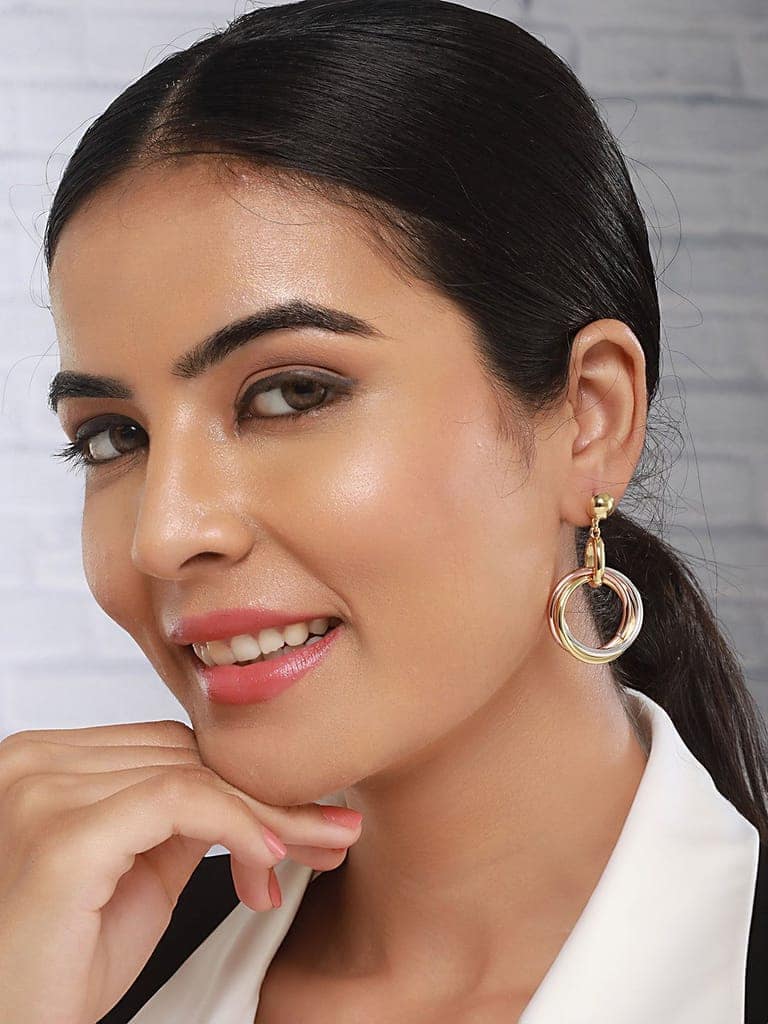 Anti-Tarnish 3 Toned Gold Plated Twisted Round Double Circle Chunky Drop Hoop Earrings view 5