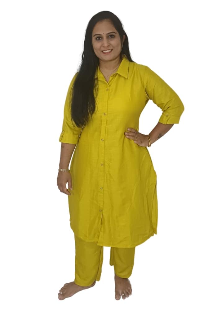 Mom and Me Women's Cotton Co-Ord Set | Plain Casual Summer Wear | 3/4 Sleeves | V-Neck | Office & Travel Wear | Western Co-ord Set for Women | Sizes S-XXL (Muster-Yellow, S)