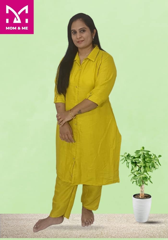Mom and Me Women's Cotton Co-Ord Set | Plain Casual Summer Wear | 3/4 Sleeves | V-Neck | Office & Travel Wear | Western Co-ord Set for Women | Sizes S-XXL (Muster-Yellow, S) view 2